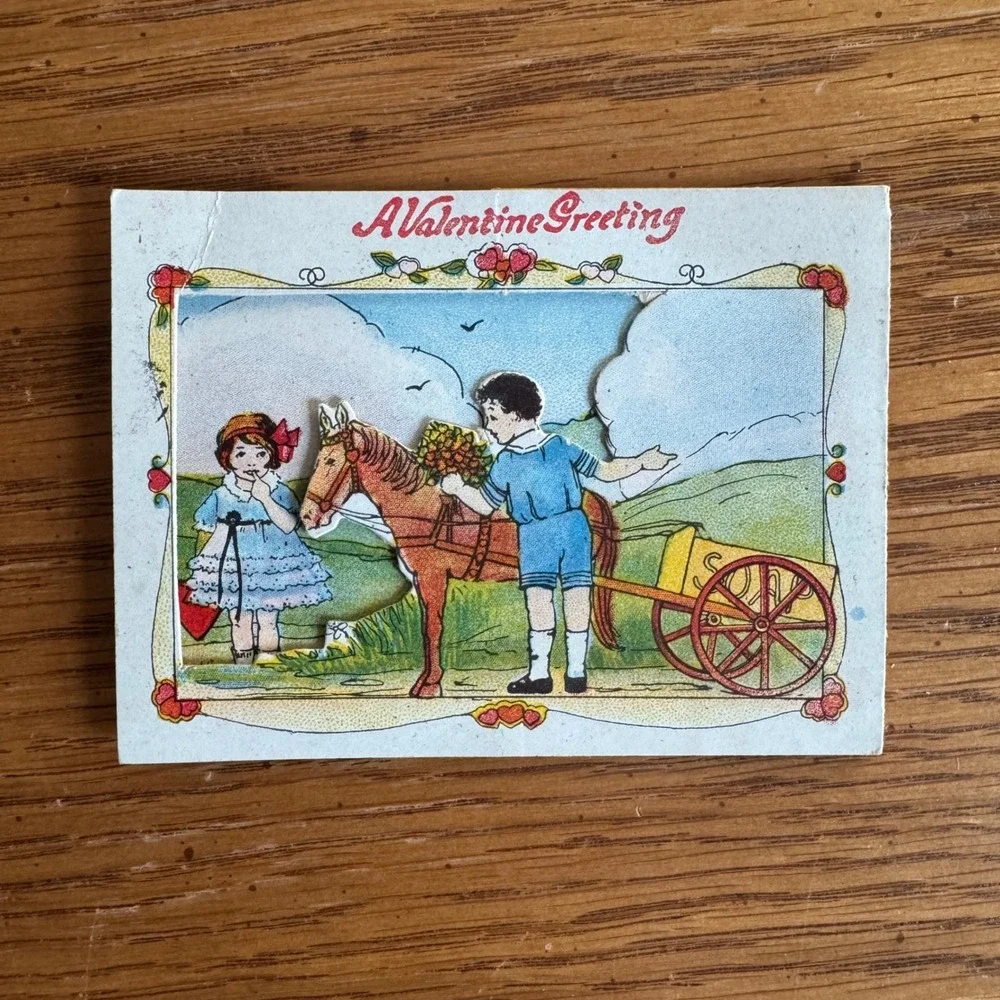 Vintage Valentine Greeting Cut Out Card Made in USA Children Horse Cart‎